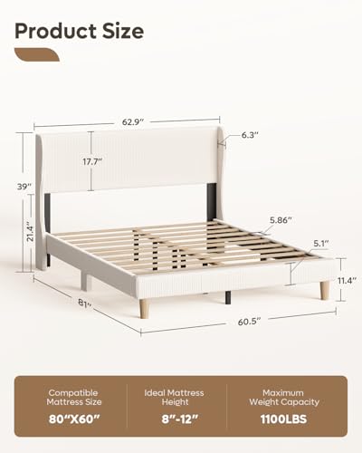 Queen Bed Frame with Wingback Headboard,Upholstered,Beige