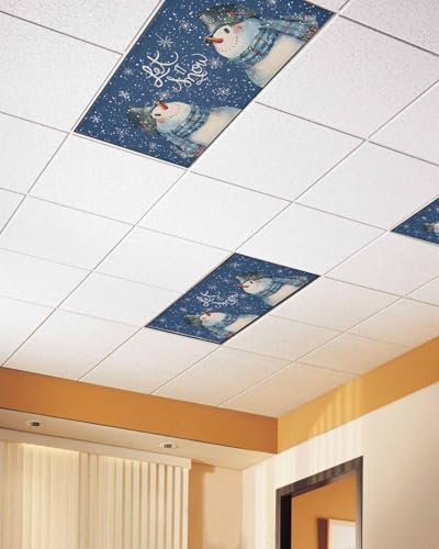 Watercolor Snowman Magnetic Fluorescent Light Covers for Ceiling Lights 2 x 4 Feet,Christmas Snowflake Plaid Blue Office Classroom Kitchen Drop Ceiling Light Covers Filters Shade Panel 4 Packs