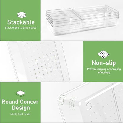 6 PCS Large Size Clear Plastic Drawer Organizer Tray, 12'' Acrylic Vanity Bathroom Drawer Organizers Trays, Desk Drawer Organizer Bins for Cosmetic, Makeup, Kitchen, Office Drawer Divider Organization