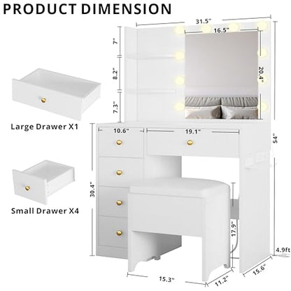 Vanity Desk with Mirror and Lights, White