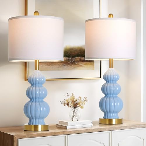 Rinweey Blue Ceramic Lamps Set of 2, 26.5" Modern Table Lamps for Living Room, Classic Bedside Lamp with Triple Gourd, Elegant Bedroom Lamp for Night Stand Desk Side End Table Home Decor