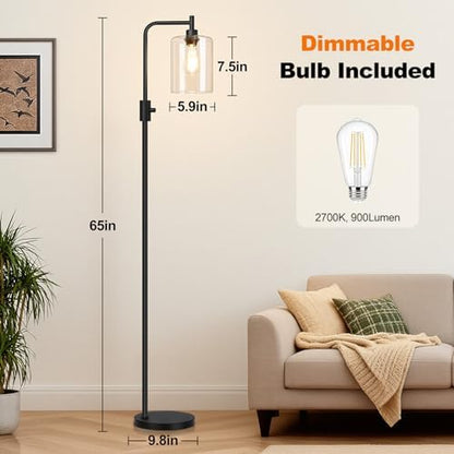【Upgraded】 Dimmable Floor Lamp for Living Room with Clear Glass Lampshade, Black Modern Glass Floor Lamp with 900LM LED Bulb Included, Arc Standing Tall Lamp for Bedroom, Office, Reading Room, Corner