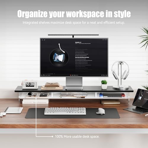 FENSULN Dual‑Tier Monitor Stand for Modern Desk Setup – Minimalist Wooden and Metal Riser Shelf with Transparent Acrylic Feet for Dual Monitors, Laptops, Home Office Aesthetic，Black and White