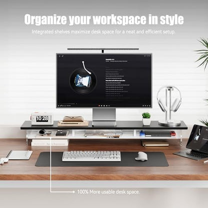 FENSULN Dual‑Tier Monitor Stand for Modern Desk Setup – Minimalist Wooden and Metal Riser Shelf with Transparent Acrylic Feet for Dual Monitors, Laptops, Home Office Aesthetic，Black and White