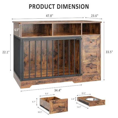 48'' Dog Crate Furniture with Bowl, Medium Dog Cage, Retro Brown