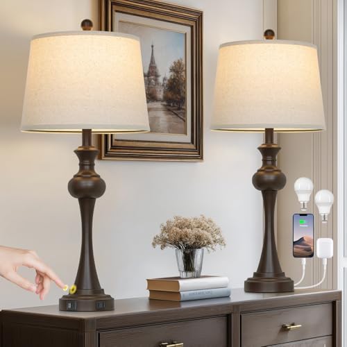 Touch Table Lamps Set of 2, 28.75" Tall Bedside Lamps with USB C+A Ports, 3-Way Dimmable Table Lamp, Nightstand lamps for Bedroom, Living Room, Office, Brown Lamps with Beige Lampshade, Bulbs Included