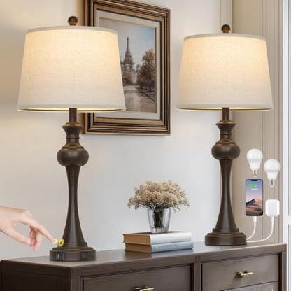 Touch Table Lamps Set of 2, 28.75" Tall Bedside Lamps with USB C+A Ports, 3-Way Dimmable Table Lamp, Nightstand lamps for Bedroom, Living Room, Office, Brown Lamps with Beige Lampshade, Bulbs Included