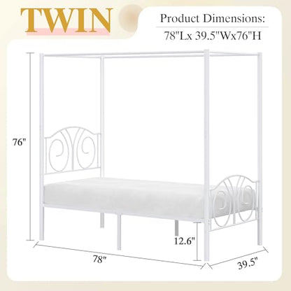 Twin Canopy Bed Frame, Vintage Scrollwork Headboard, Pure White