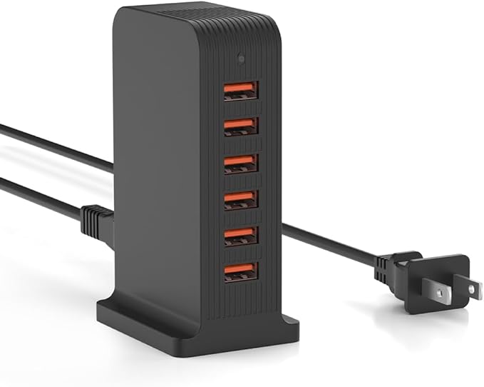 VPSUN USB Charger 6 Port 50W Multi USB Tower Charging Station for Multiple Devices iPhone 15/14/14 Pro/14 Pro Max/13 Pro/13 Pro Max/Android/Samsung/Tablet,etc (Black, 50W)