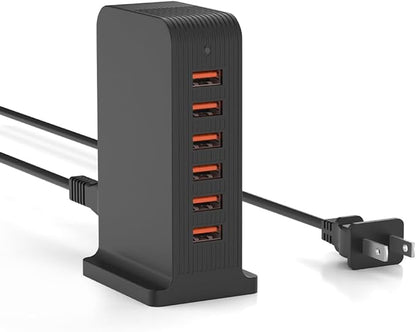 VPSUN USB Charger 6 Port 50W Multi USB Tower Charging Station for Multiple Devices iPhone 15/14/14 Pro/14 Pro Max/13 Pro/13 Pro Max/Android/Samsung/Tablet,etc (Black, 50W)