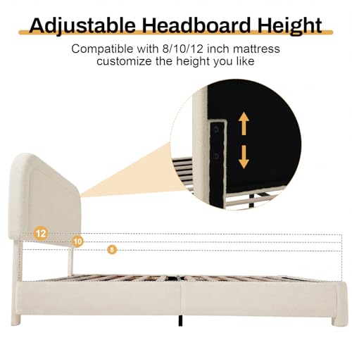 WEUP King Size Boucle Bed Frame, Soft Upholstered Cloud Bed Frame with Headboard, Rounded Corners, No Box Spring Required, Adjustable Headboard, Easy Assembly