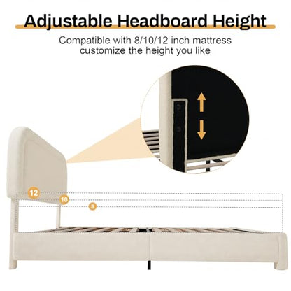 WEUP King Size Boucle Bed Frame, Soft Upholstered Cloud Bed Frame with Headboard, Rounded Corners, No Box Spring Required, Adjustable Headboard, Easy Assembly