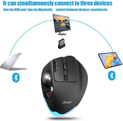 zelotes Wireless Trackball Mouse with Display,Ergonomic Bluetooth Mouse,Rechargeable,4800 DPI, 3-in-1(BT +2.4GHz USB Receiver+Type-C), 8 Programmable Buttons,LED Lighting,for Laptop, PC, Pad,Black