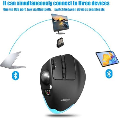 zelotes Wireless Trackball Mouse with Display,Ergonomic Bluetooth Mouse,Rechargeable,4800 DPI, 3-in-1(BT +2.4GHz USB Receiver+Type-C), 8 Programmable Buttons,LED Lighting,for Laptop, PC, Pad,Black