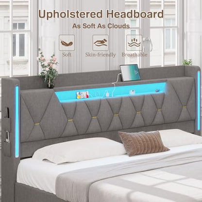 King Size Bed Frame with Marshmallow Headboard and Storage, Gray