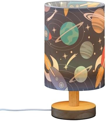 Bedside Lamp Space Cute Rockets Planets Table Lamp for Bedroom LED Nightstand Lamp Shade USB Ports Wood Base for Living Room Dorm Office