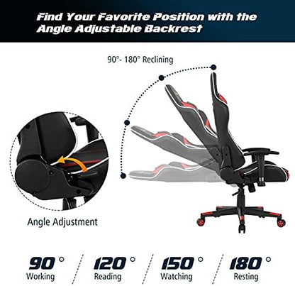 Massage Gaming Chair, High Back Office Computer Chair with Headrest and Lumbar Support, Racing Style Reclining Swiveling Game Chair for Home Office (Red)