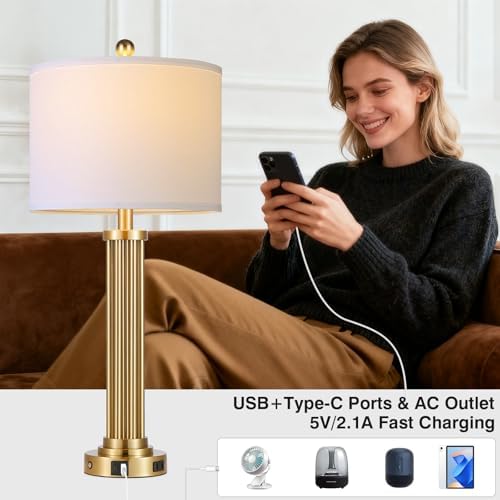 28" Tall Modern Table Lamp with USB C+A Ports and AC Outlet, 3 Way Touch Metal Bedside Lamps for Bedroom, Gold Nightstand Lamps for Living Room