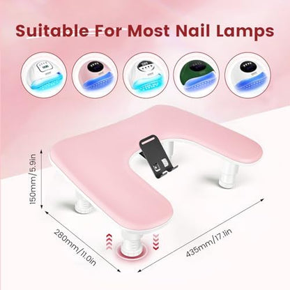 JODSONE Pink U-Shaped Manicure Arm Rest for Nails Tech with Rotating 360°Built-In Phone Holder and Adjustable Nail Arm Rest Detachable Manicure Hand Rest for Salon Design