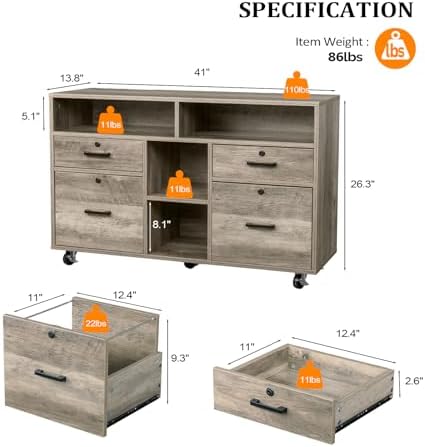 VINGLI Wide 4 Drawer File Cabinet with Lock, Rustic Grey Rolling File Cabinet with Open Shelves, Lockable Printer Stand, Letter Sized