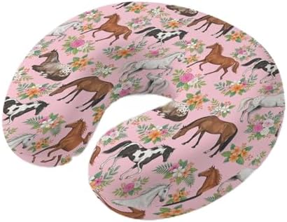 Travel Pillows U Shape Memory Foam Pink Flower Horse Plane Neck Pillows Head Support Comfort Portable Floral Animal Headrest Neck Pillow for Airplane Car Office Home Chair Sleeping Napping Rest