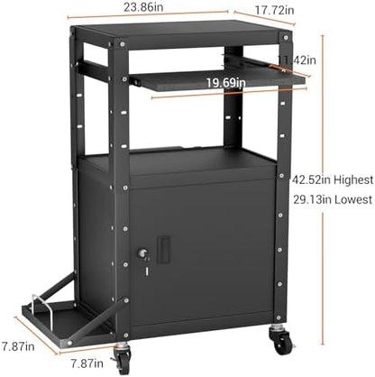 Mobile AV Cart with Side Shelves, Rolling Computer Cart Height Adjustable Rolling Media Utility Cart with Pullout Keyboard Tray Extra Storage Space, 4 Outlets, Perfect for Home or Office Use
