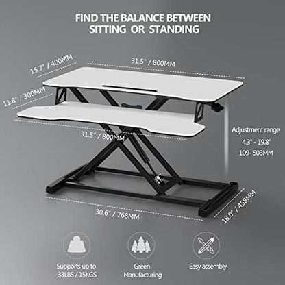 FITUEYES Height Adjustable Standing Desk 32” Wide Sit to Stand Converter Stand Up Desk Tabletop Workstation for Laptops Dual Monitor Riser White SD308003WW