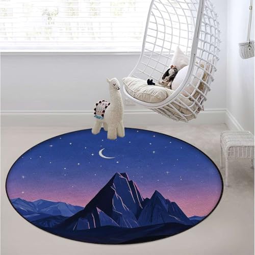 Moonlit Mountains Round Gaming & Office Chair Mat for Hardwood Floors, Serene Night Landscape Noise-Cancelling & Anti-Slip Protector, Blue Purple Diameter 55 in