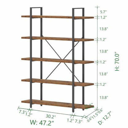 Rustic Wood Bookshelf, 5 Shelf Bookcases with Storage, Rustic Brown