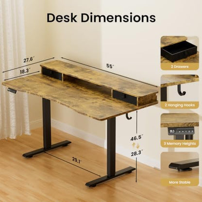 55 x 27.6 Electric Standing Desk with Drawers, Rustic Brown