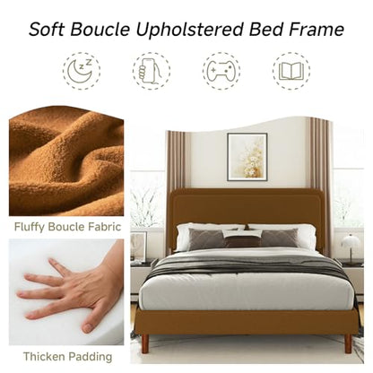 Queen Size Boucle Platform Bed Frame with Adjustable Headboard, Upholstered Cloud Bed, Solid Wooden Legs, Easy Assembly, No Box Spring Needed, Brown