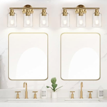 Zarbitta 3-Light Bathroom Light Fixtures, Brushed Brass Bathroom Wall Lights with Clear Glass Shade, Modern Bathroom Wall Lamp for Mirror Kitchen Living Room Hallway Cabinet