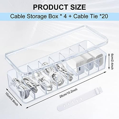Tatuo Cord Organizer Box with Lid, Clear, 4 Pack