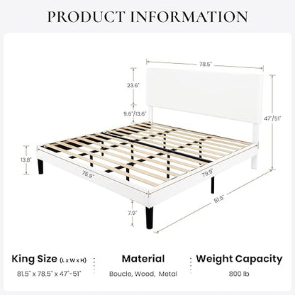 Boucle Upholstered King Size Bed Frame, White