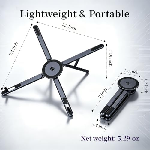 Magnetic Phone Holder & Foldable Laptop Riser, Matte Black Aluminum Multi‑Device Desk Mount, N52 MagSafe Stand, Ergonomic Laptop Elevator for MacBook iPad iPhone Travel Office