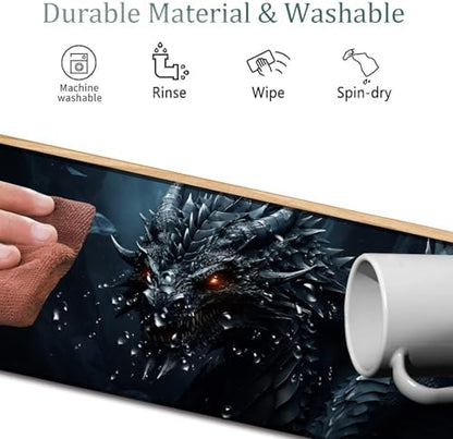 4 in 1 Mouse Pad Combo, Large Gaming Mouse Pad + Keyboard Wrist Support + Mouse Wrist Rest + Coaster, Table Pad 31.5 "x 11.8" with Memory Foam Ergonomic Wrist Pad Set, Cool Dark Dragon