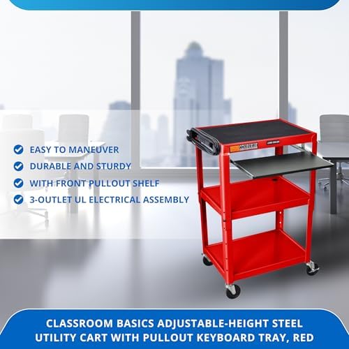 Classroom Basics UCMT1KB-RD, Adjustable-Height Steel Utility Cart w/Keyboard Tray, Powered Rolling Tech Cart, Red