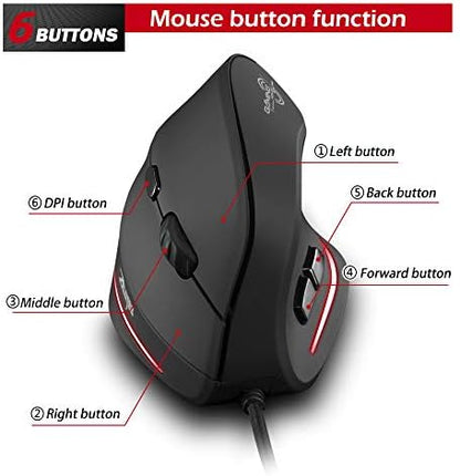 zelotes Vertical Ergonomic Mouse,3200DPI,6 Buttons,LED Illumination,Prevention Against Mouse Arm,USB Optical Wired Mice for Laptop,PC,Mac,Black