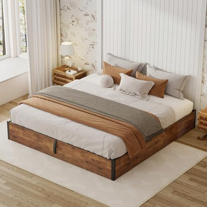 King Size Bed Frame with Lift Up Storage, Rustic Brown