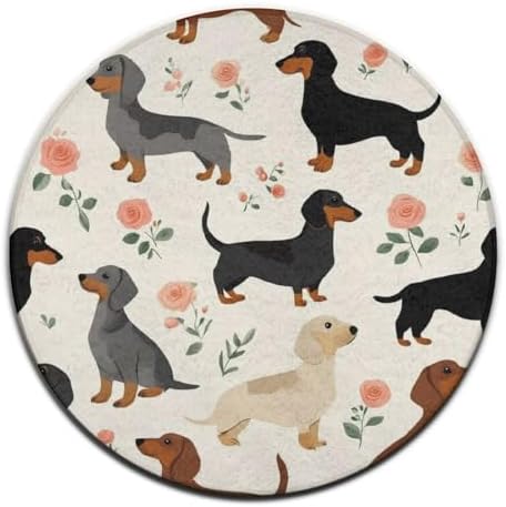 Large Home Decor Mat, Soft Round Yoga Carpet, Non Slip Machine Washable Home Office Circle Rug Cute Dachshund Floral