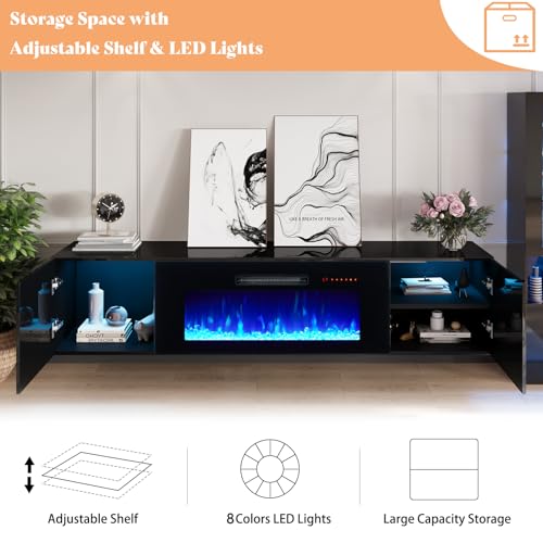 80" Floating TV Stand with 40" Electric Fireplace & LED Lights