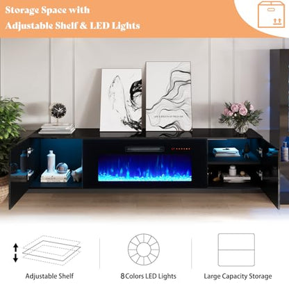 80" Floating TV Stand with 40" Electric Fireplace & LED Lights