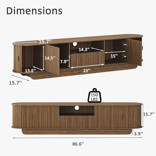 86.6'' Fluted TV Stand for 55-85 Inch, Walnut TV Console