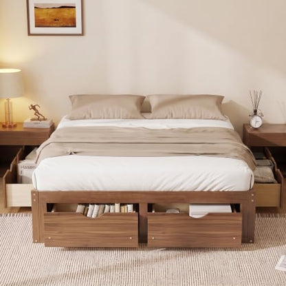 JIVOIT Queen Size Solid Wood Storage Platform Bed with 6 Drawers, Pine Wood Bed (Light Walnut-Queen,7)