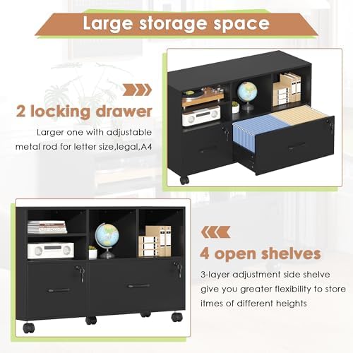 2 Drawer Wood Lateral File Cabinet with Lock, Lockable Rolling Filing Cabinet with Adjustable Storage Shelves, Printer Stand Office Storage Cabinet for Home Office Fits Files Legal/A4, Black