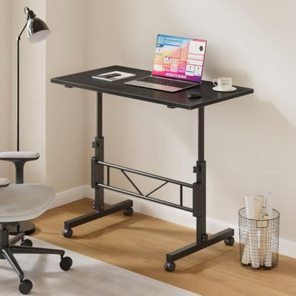 VECELO Small Standing Desk Adjustable Height, Mobile Computer Workstations with Wheels, Portable Rolling Laptop Table for Walking Pad, Home Office, Dark Black