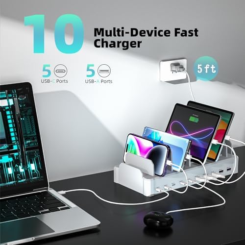 Zobirez 420W 10-Port Fast USB Charging Station for Multiple Devices, White