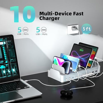 Zobirez 420W 10-Port Fast USB Charging Station for Multiple Devices, White