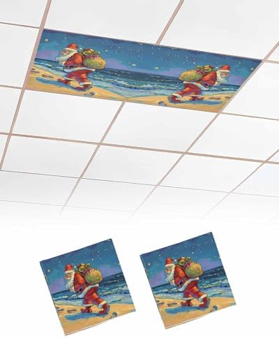 Christmas Beach Magnetic Fluorescent Light Covers for Ceiling Lights 2 x 4 Feet,Santa Claus Palm Trees Sandy Blue Office Classroom Kitchen Drop Ceiling Light Covers Filters Shade Panel 2 Packs