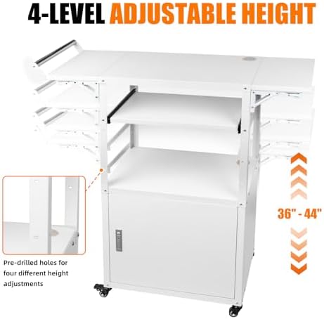 Large Steel AV Cart with Wheels and Drop Leaves, Height Adjustable AV Cart with Locking Cabinet and Power Strips, Rolling Computer Workstation with Pullout Keyboard Tray for Office & Classroom